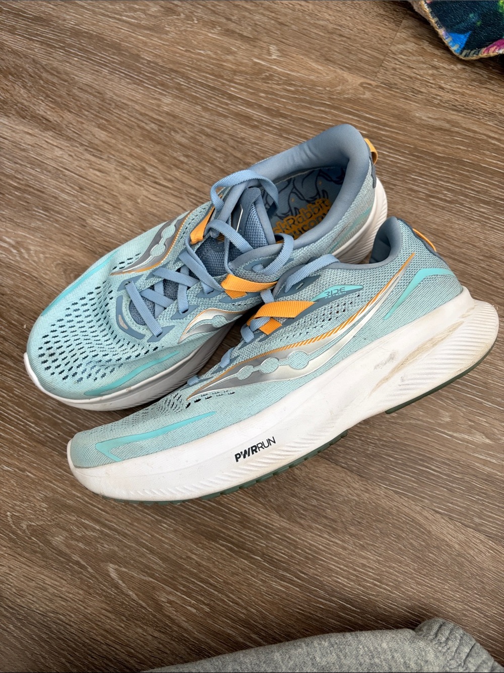 Saucony Women's Ride 15 Light Blue and Yellow Running Sneakers